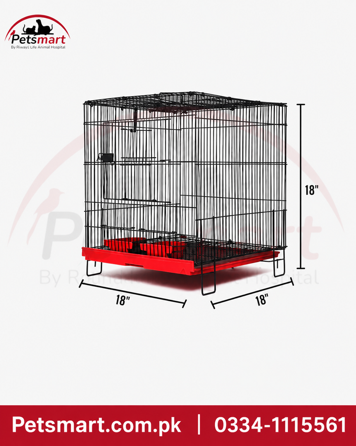 Small folding metal bird cage measuring 18 by 18 by 18 inches
