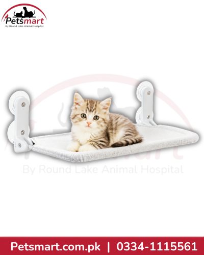 Small grey window hammock for cats with white suction-mounted support arms