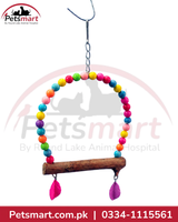 Small hanging bird swing with colourful beads wooden perch and metal chain