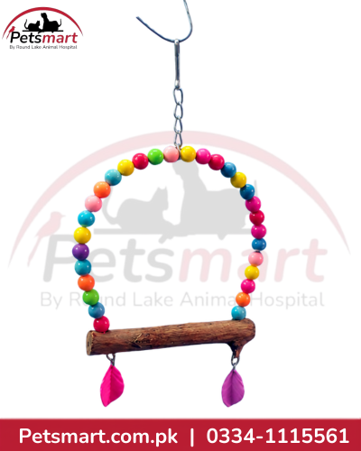 Small hanging bird swing with colourful beads wooden perch and metal chain