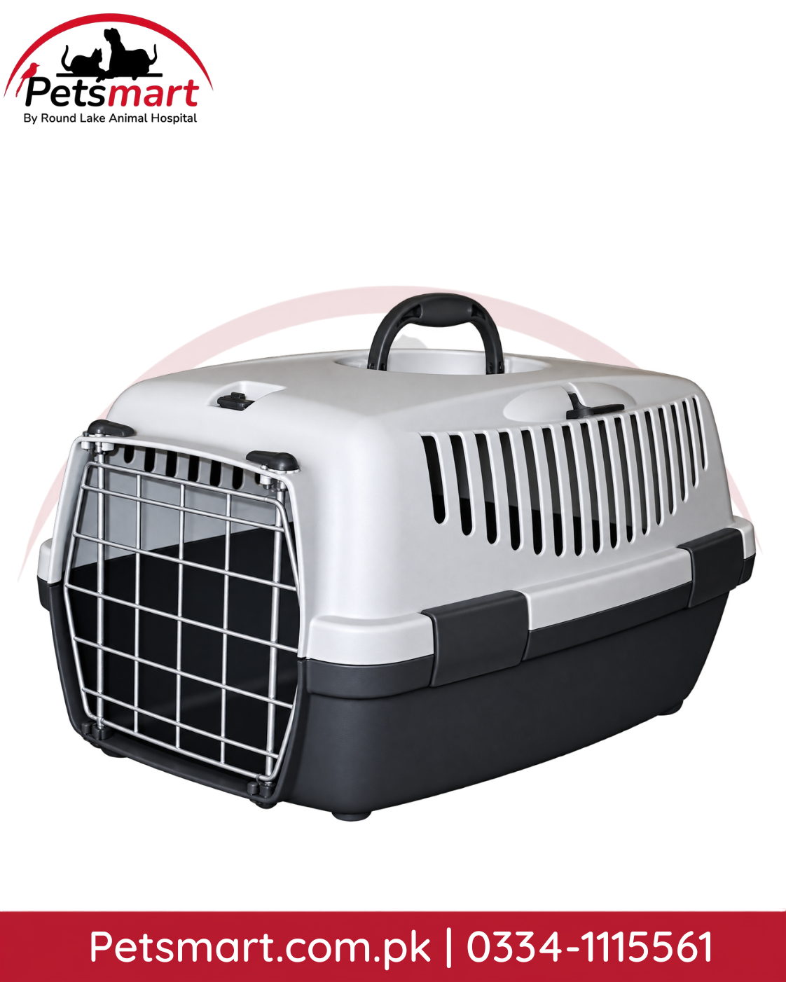 Small pink plastic Jet Box pet carrier with metal door ventilation slots and top handle