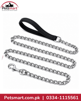 small silver metal chain dog leash with black loop handle and metal snap hook