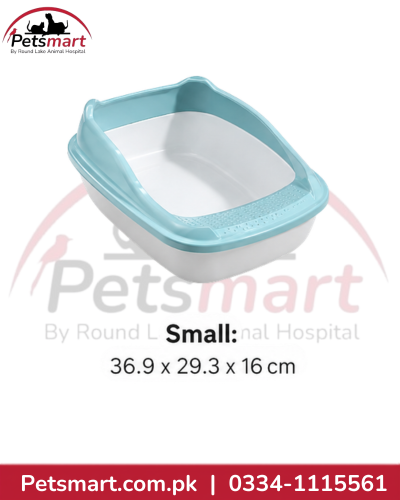 Small blue and white open cat litter tray measuring 36.9 by 29.3 by 16 cm