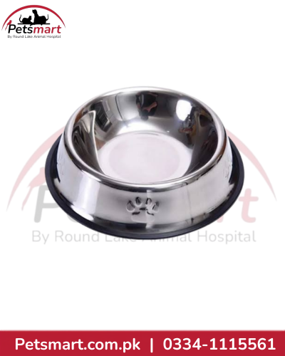 Small silver steel dog bowl with black base and paw-print detail