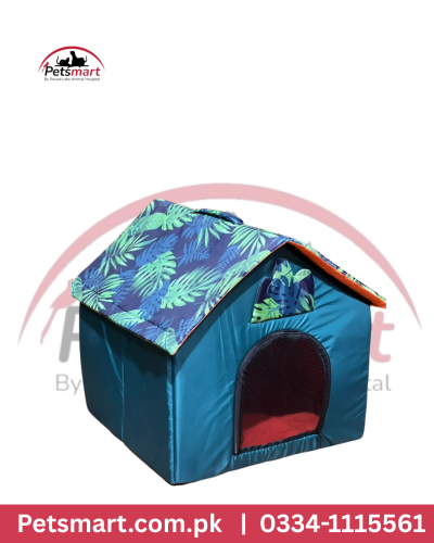 Soft blue indoor cat house with printed roof and front entrance for sleeping and hiding