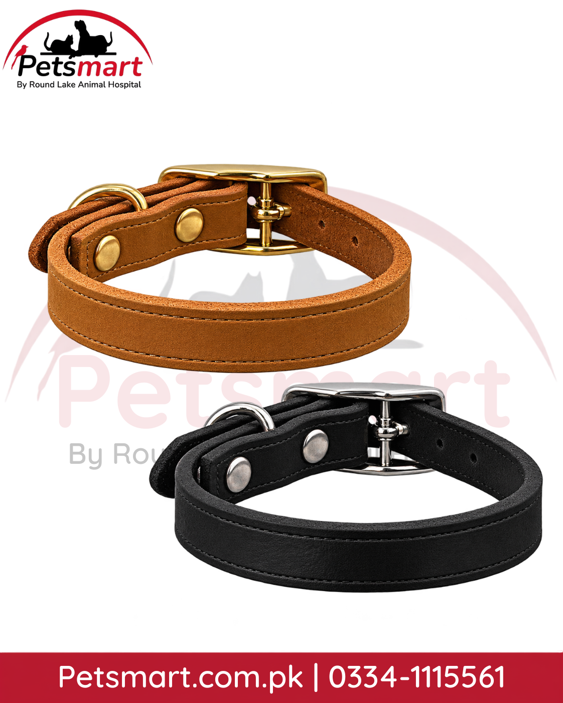 Soft adjustable leather dog collar belt with metal buckle and D-ring in brown and black colors