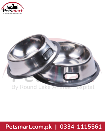 Silver stainless steel dog bowl with built-in side grip opening and wide black base