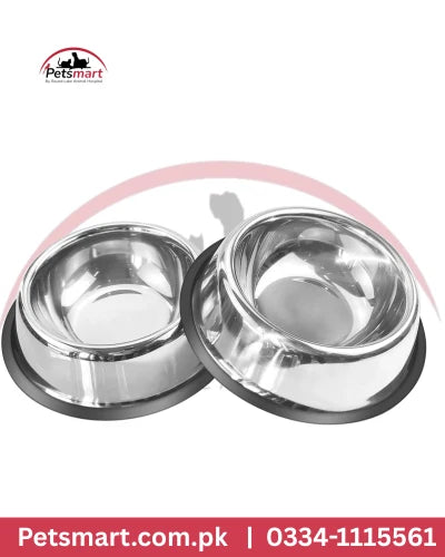 Image ALT text: Stainless steel pet food and water bowls for cats and dogs in multiple sizes.