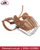 Steel wire basket muzzle for dogs with adjustable brown straps
