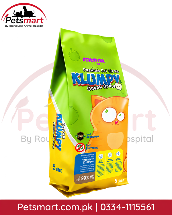 Front view of Super Klumpy Green Apple Cat Litter 16L bag with green apple fragrance and orange cat illustration