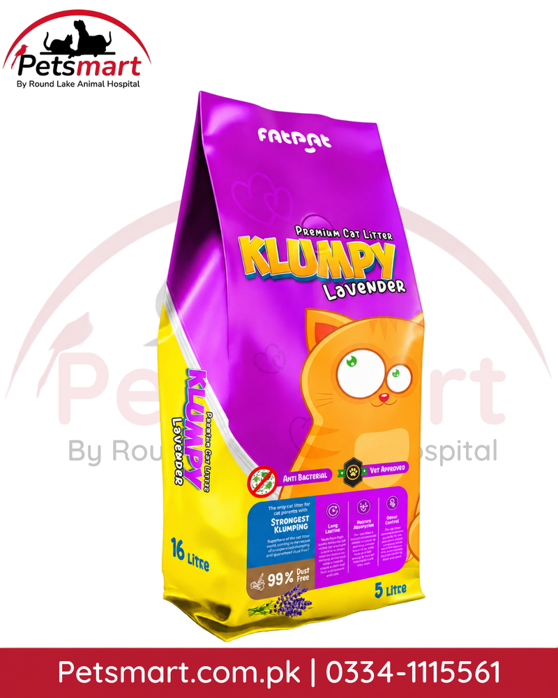 Super Klumpy Lavender Scented Bentonite Cat Litter 16L bag with purple and yellow packaging and cat illustration