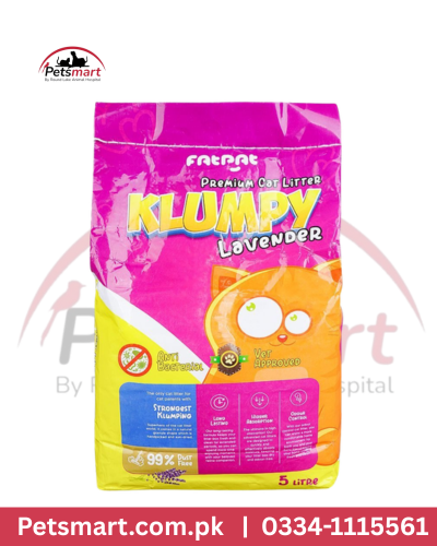 Super Klumpy Lavender Scented Bentonite Cat Litter 5L bag with purple and yellow packaging and cat illustration