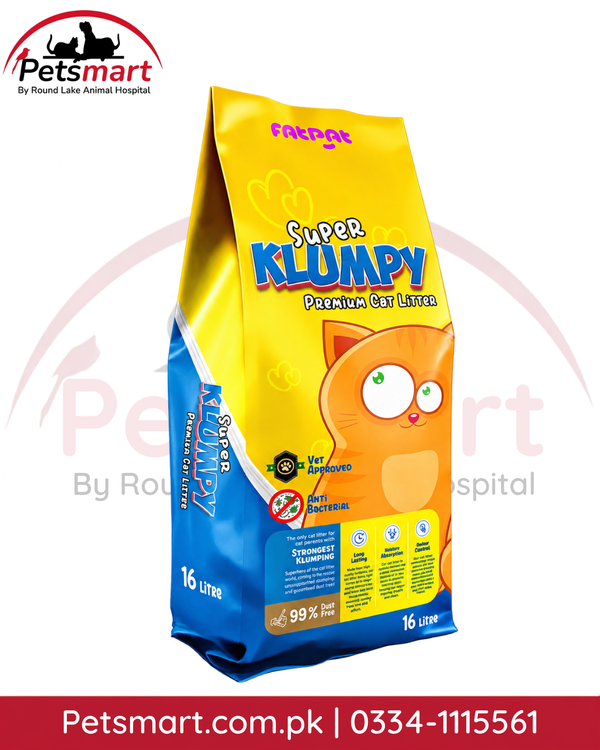 A 16 liter bag of Petsmart Super Klumpy Premium Cat Litter, featuring a bright yellow and blue design with an orange cartoon cat on the front.