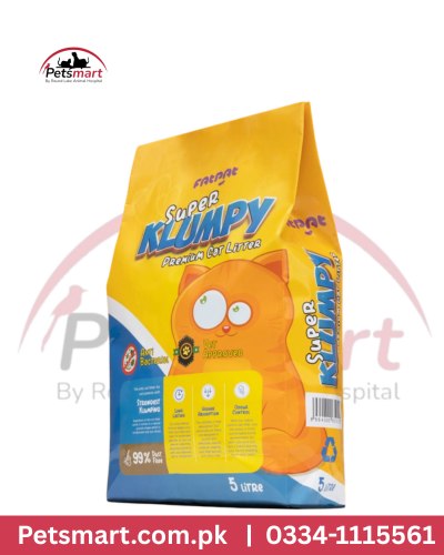 Super Klumpy Premium Bentonite Cat Litter 5L in yellow and blue packaging