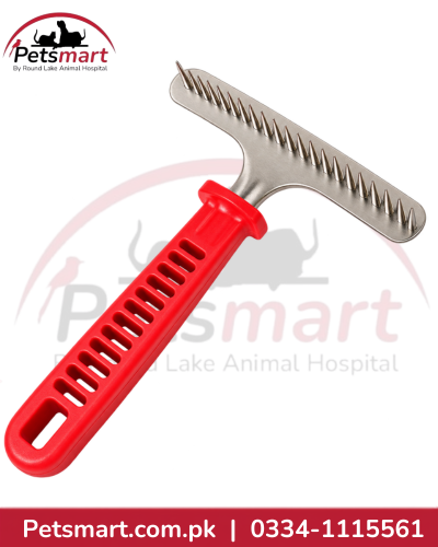 Red T-shaped pet grooming brush for cats and dogs