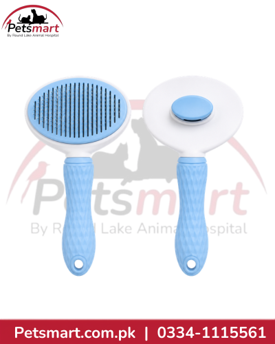 Thrive blue and white push button slicker brush for cats and dogs with fine grooming pins