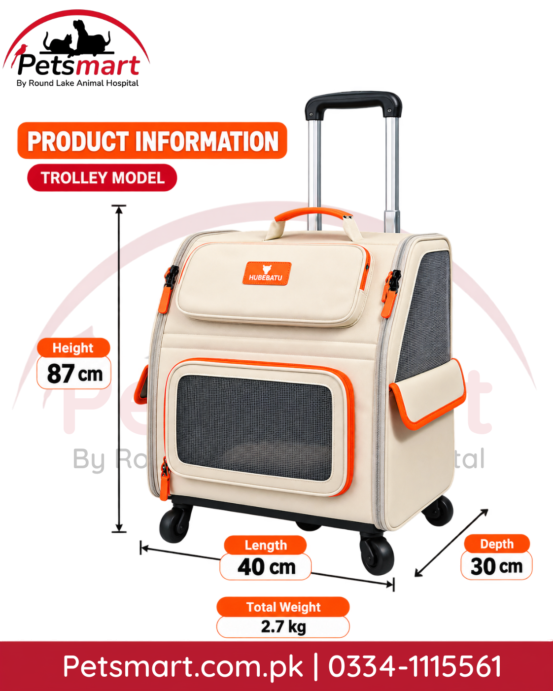 3-in-1 pet carrier trolley backpack dimensions showing 40cm length 30cm depth and 87cm extended height