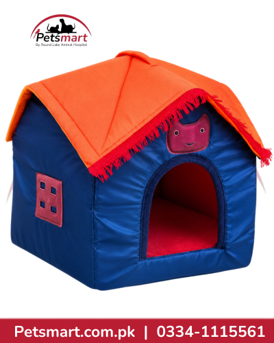 Orange and dark grey umbrella-style indoor cat house with covered front entrance