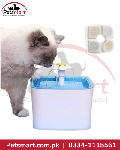 White USB electric cat water fountain showing pump, flower outlet, pre-filter and quadruple filtration system