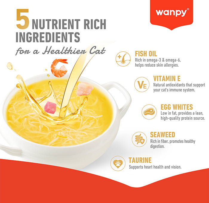 Wanpy Chicken Meat Broth ingredients with salmon oil vitamin E egg white seaweed and taurine