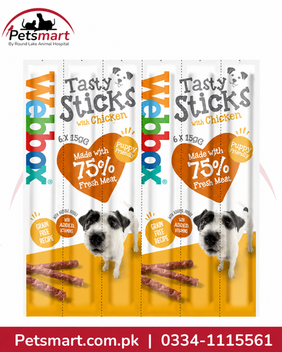 Webbox Tasty Sticks Chicken Small Dog Treats 30g pack with six individually wrapped sticks