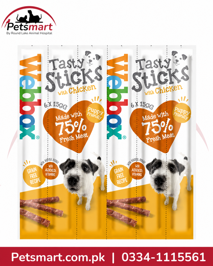 Webbox Tasty Sticks Chicken Small Dog Treats 30g pack with six individually wrapped sticks