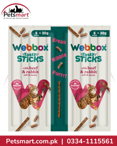 Webbox Tasty Sticks Beef and Rabbit Cat Treats 30g pack with six individually wrapped sticks
