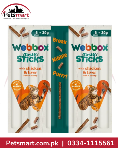 Webbox Tasty Sticks Chicken and Liver Cat Treats 30g pack with six individually wrapped 5g sticks