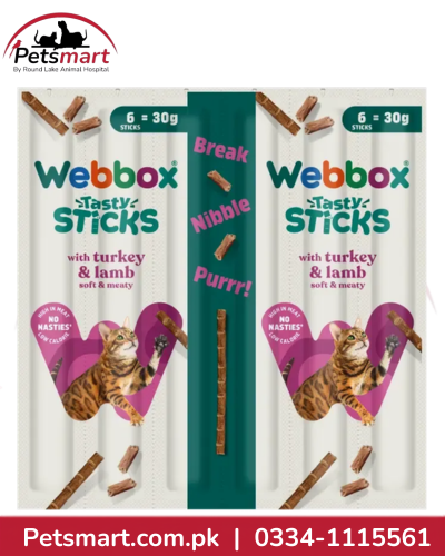 Webbox Tasty Sticks Turkey and Lamb Cat Treats 30g pack with six individually wrapped sticks