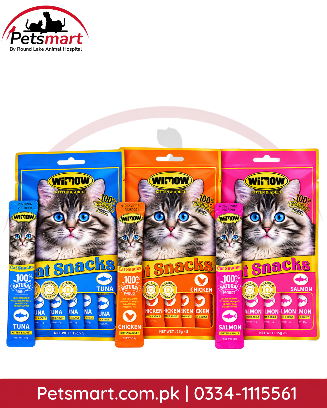 Wimow Creamy Cat Treats 75g in Chicken Tuna and Salmon flavours with 5 lickable strips