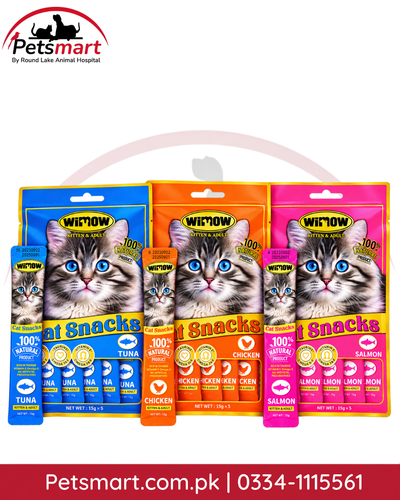 Wimow Creamy Cat Treats 75g in Chicken Tuna and Salmon flavours with 5 lickable strips