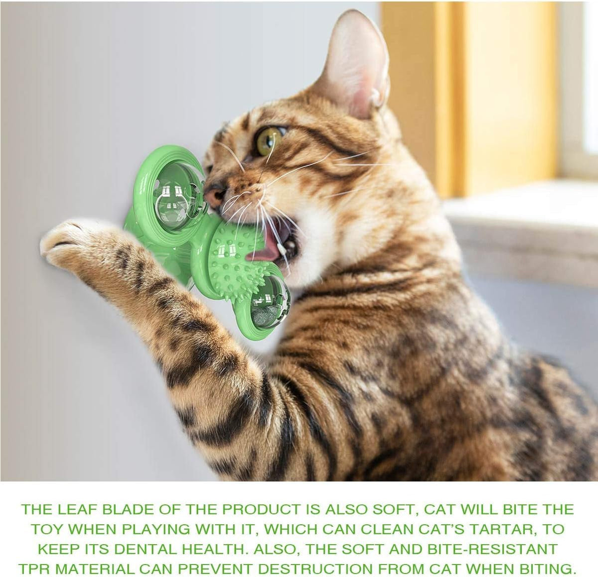 Cat playing with rotating suction cup windmill toy with transparent side chambers