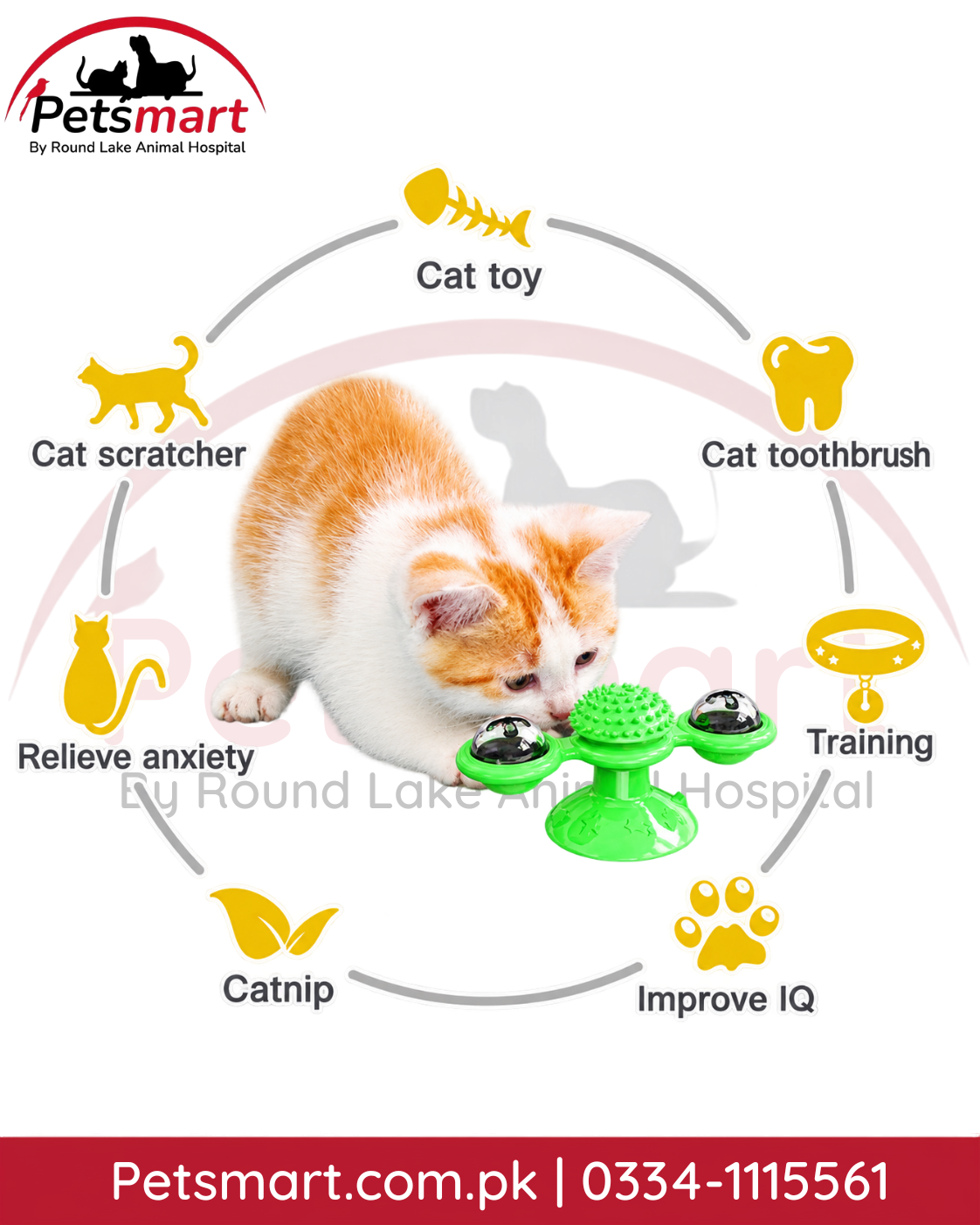 Interactive rotating cat toy with wide suction cup base for smooth surfaces