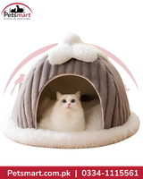 Winter plush cat house with enclosed dome design and soft cushioned interior