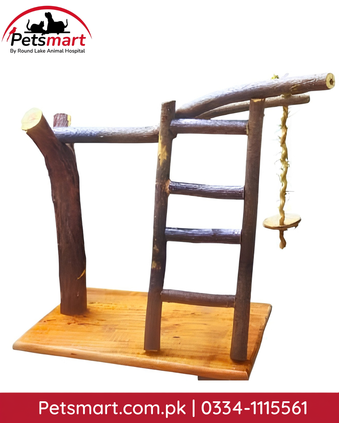 Vertical wooden climbing ladder on natural bird activity stand