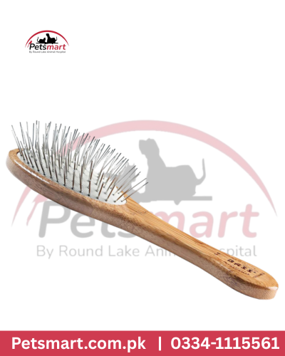 Wooden pin grooming brush for cats and dogs with long metal pins and wooden handle