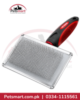 XL rectangular slicker grooming brush for cats and dogs with metal pins and black red handle
