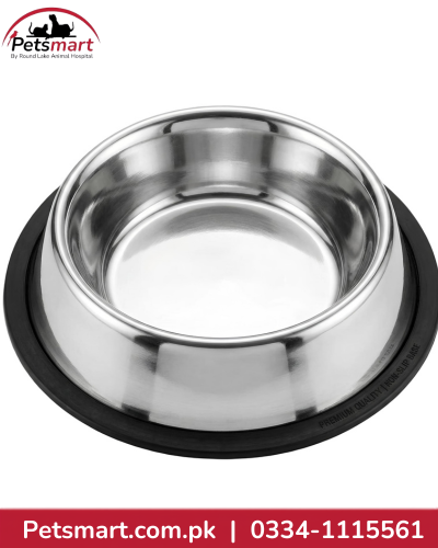 XXL silver stainless steel food and water bowl with black rubber base for cats and dogs