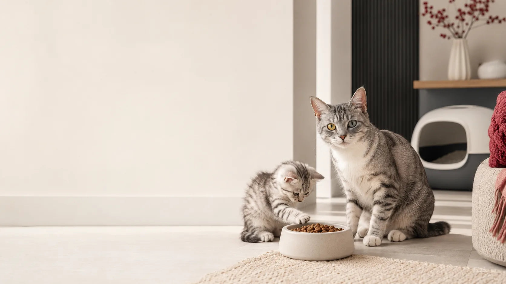 Cat food and daily essentials for kittens and adult cats.